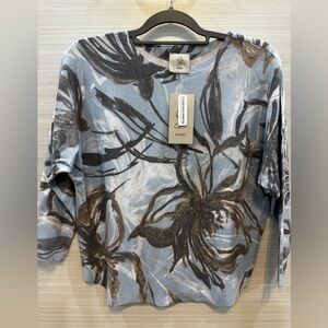 Sioni Women's Abstract Floral Sweater- Blue & Gray, Sequin Accent 3/4 sleeve